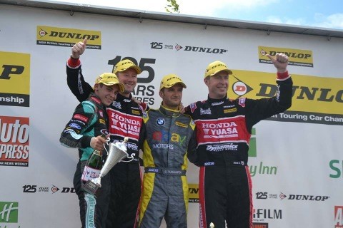 JAKE CELEBRATING HIS JACK SEARS TROPHY WIN AT CROFT IN 2013 WITH BTCC CHAMPIONS TURKINGTON, NEAL AND SHEDDEN